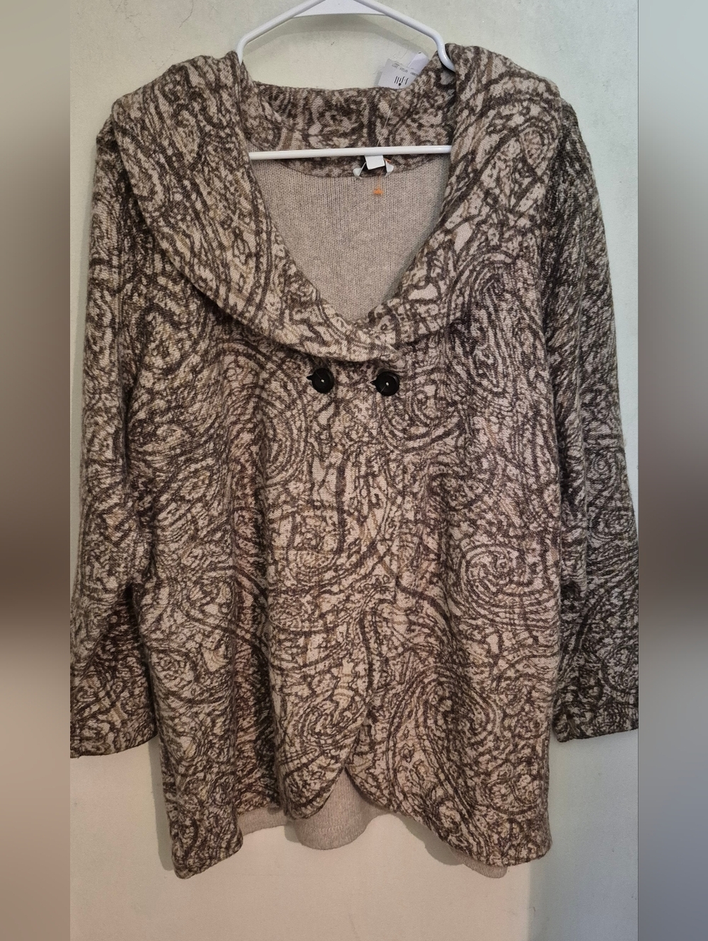 Pure Jill Curved Front Print Cardigan Sz.2X NWT  Cream& Brown